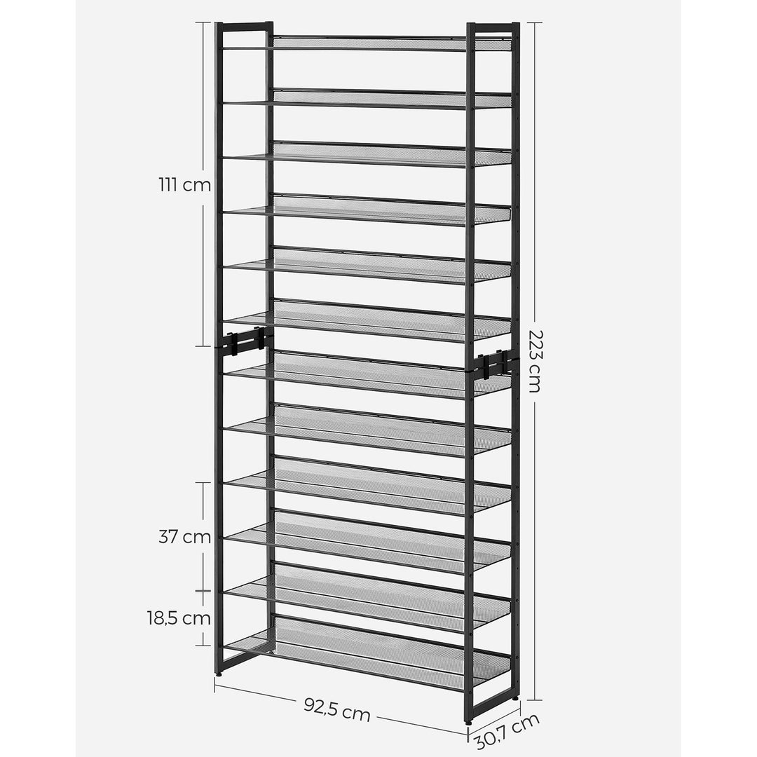 Stor skoreol med 12 hylder – sort stål, 92,5 x 30,7 x 223 cm