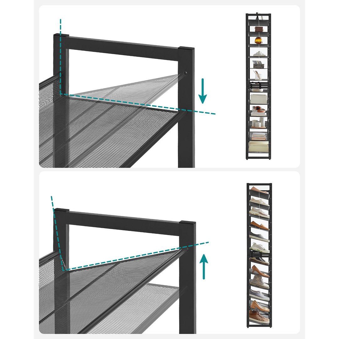 Stor skoreol med 12 hylder – sort stål, 92,5 x 30,7 x 223 cm