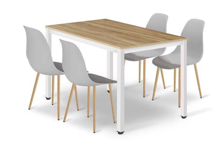 TESSA Bordsæt 120 cm x 60 cm - eg / hvide ben + 4 WAT stole grå / naturfarvet ben