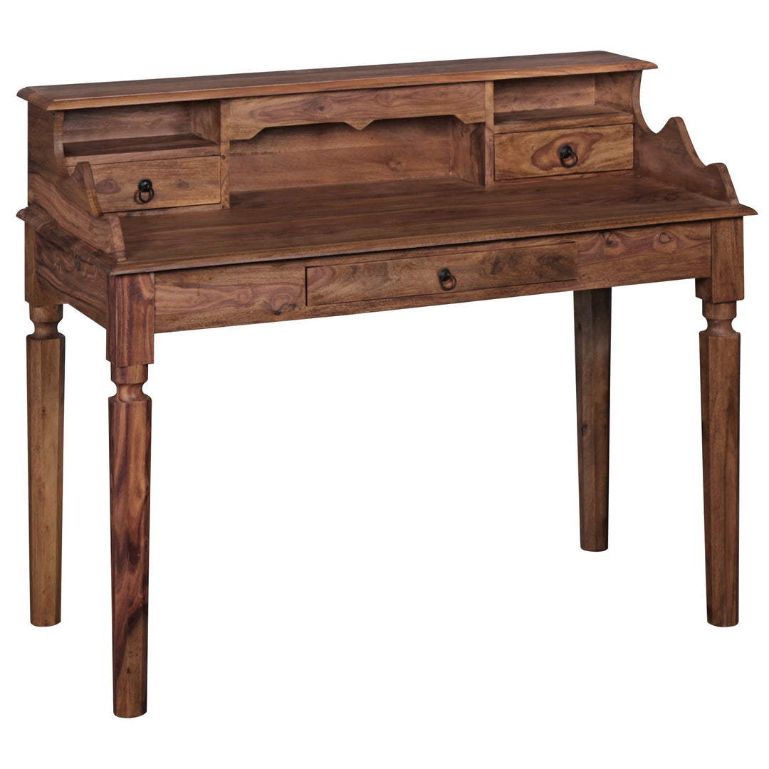 Skrivebord i massivt sheeshamtræ, sekretærbord 115 x 100 x 60 cm med 3 skuffer, konsolbord i landlig stil