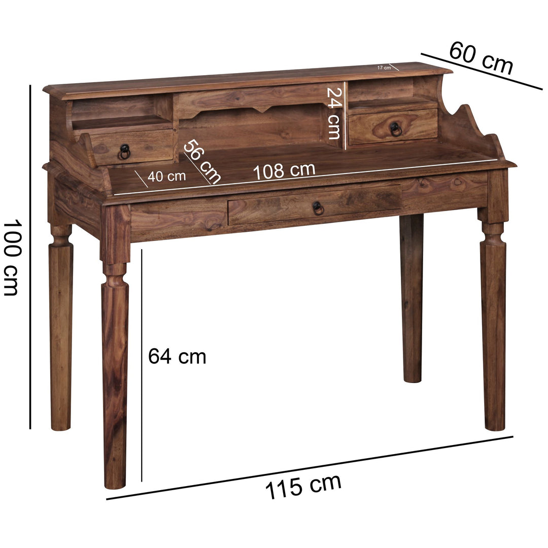 Skrivebord i massivt sheeshamtræ, sekretærbord 115 x 100 x 60 cm med 3 skuffer, konsolbord i landlig stil