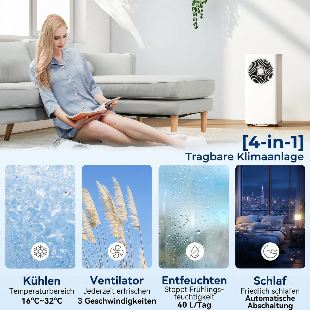 Bærbart klimaanlæg 9000 BTU, 4-i-1 bærbart klimaanlæg med køling, 40 L/dag affugter, ventilator, dvaletilstand