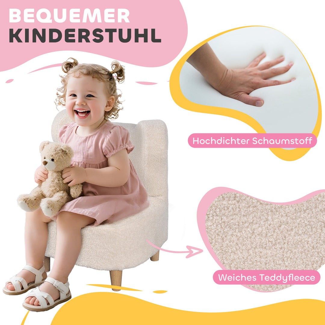 Børnelænestol, plyslænestol med bjørneører, fleecebetræk, skum, beige