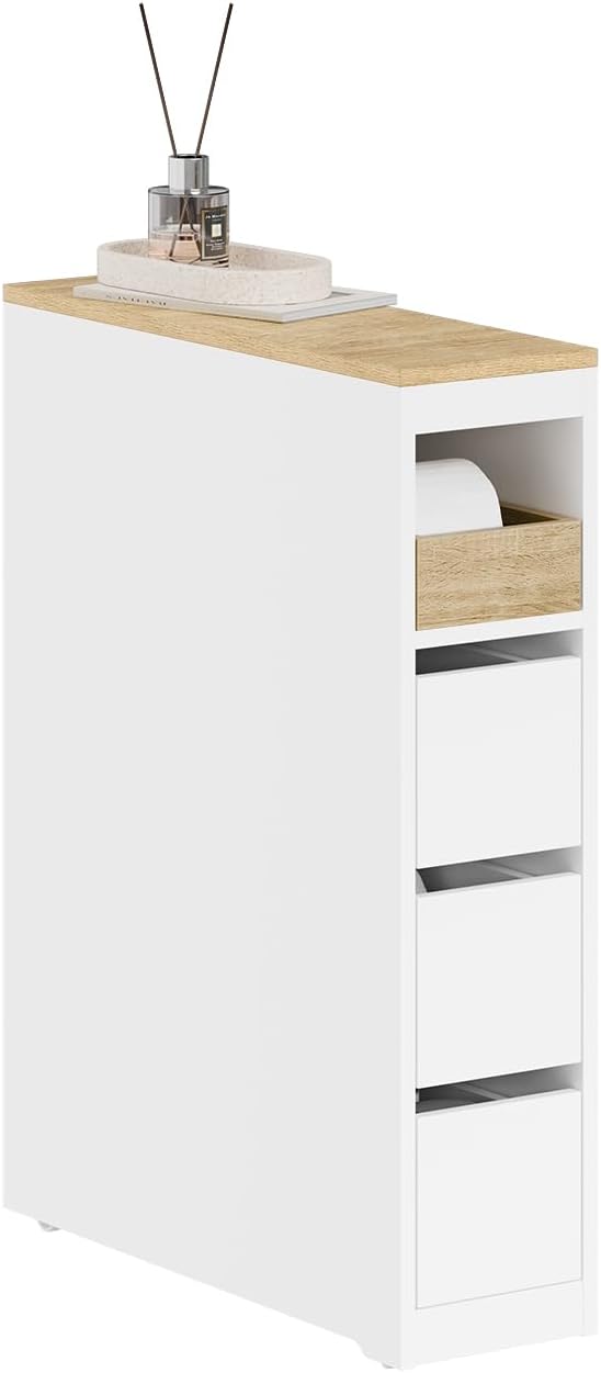 Smalt badeværelsesskab – 20 cm nicheskab med 3 skuffer, kompakt og flytbart til små badeværelser og køkkener, 60 × 20 × 82,3 cm