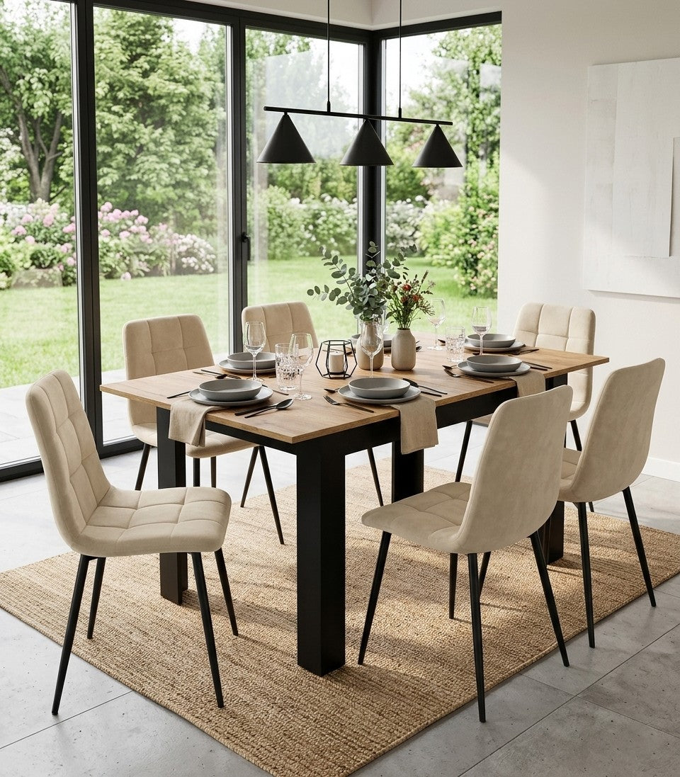 Moderne rektangulært udtræksbord, 120/160 x 80 cm, ben, sort
