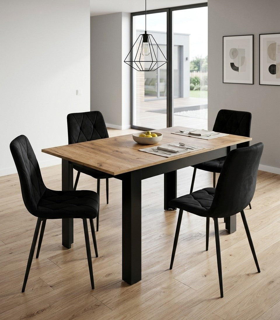 Moderne rektangulært udtræksbord, 120/160 x 80 cm, ben, sort