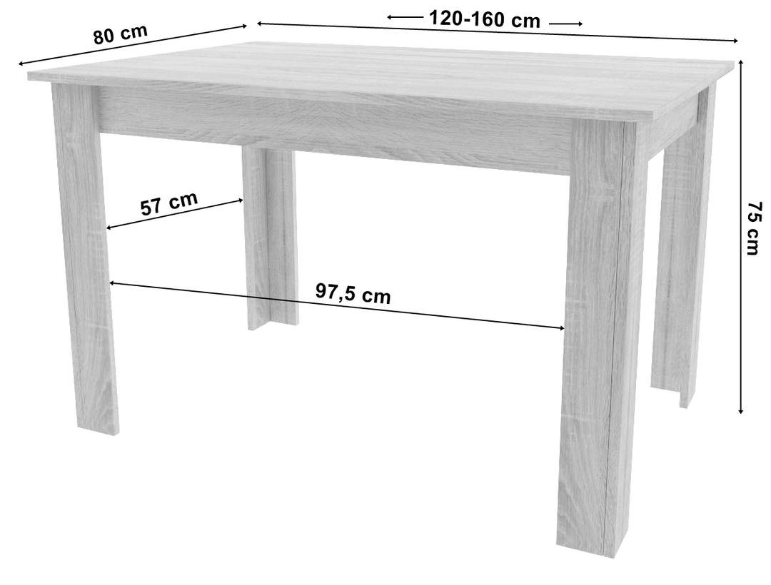 Moderne rektangulært udtræksbord, 120/160 x 80 cm, ben, sort