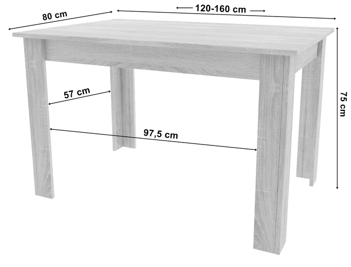 Moderne rektangulært udtræksbord, 120/160 x 80 cm, ben, sort