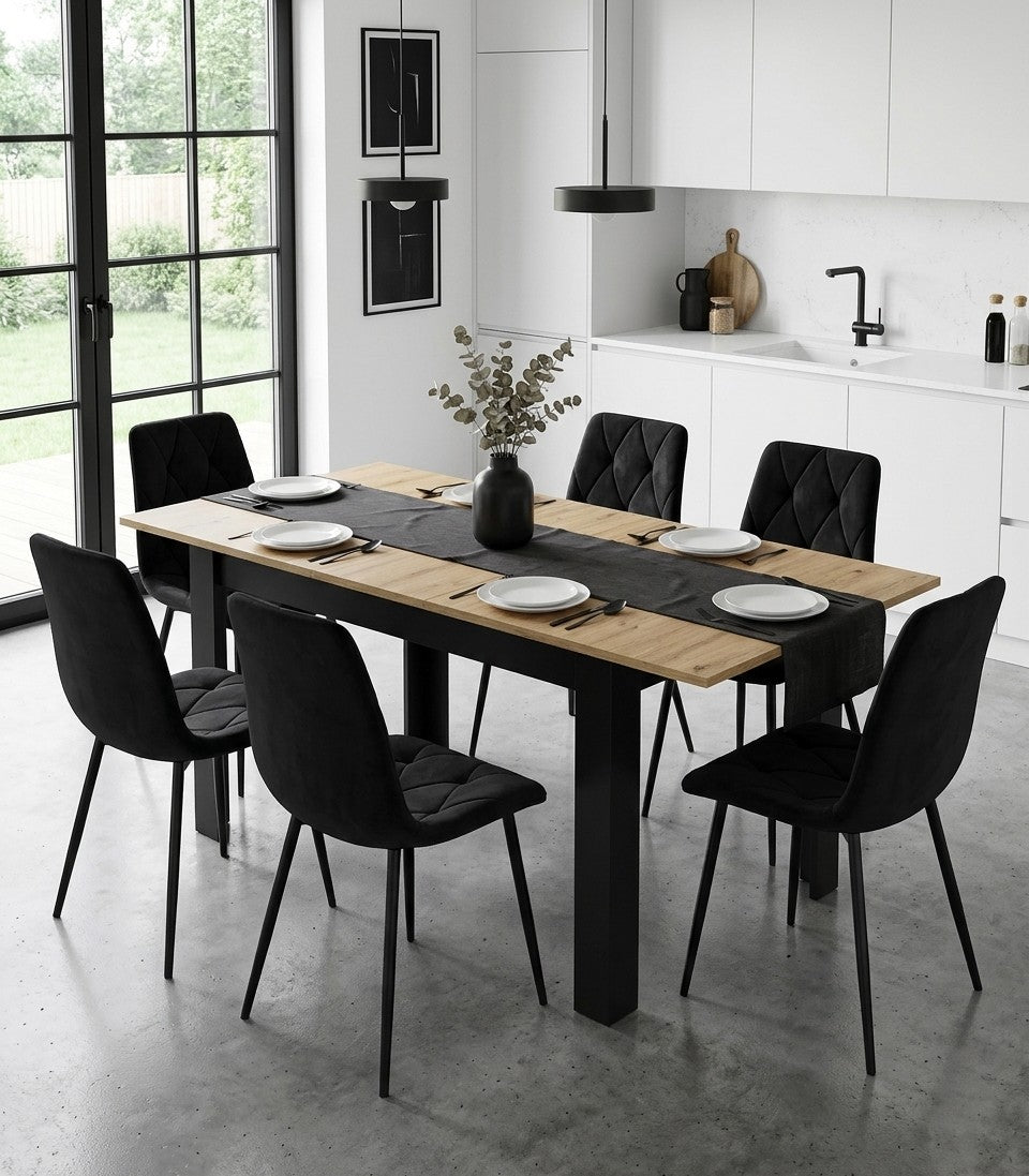 Naturfarvet spisebord, sorte ben, 120-160x80 cm