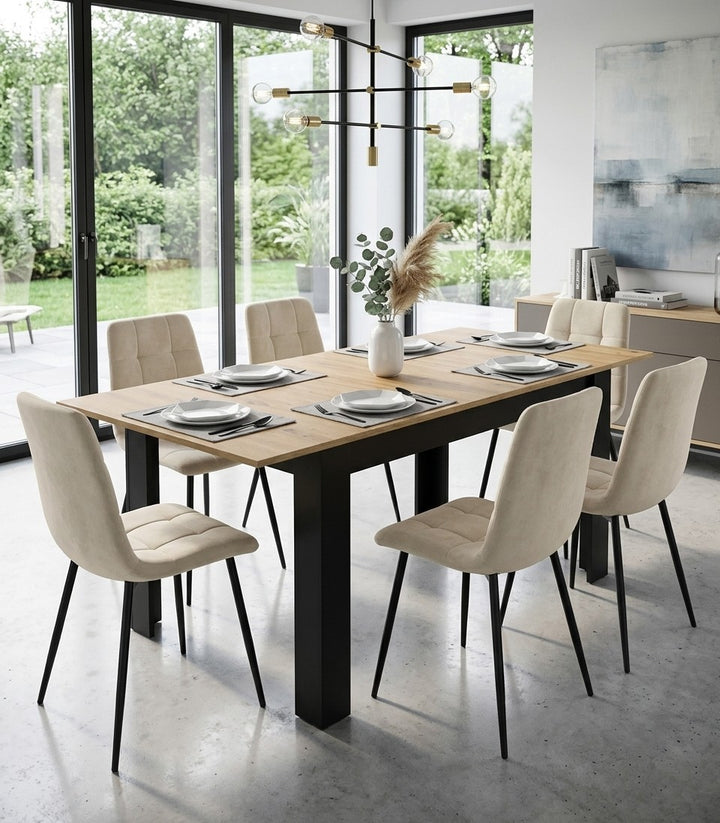 Naturfarvet spisebord, sorte ben, 120-160x80 cm