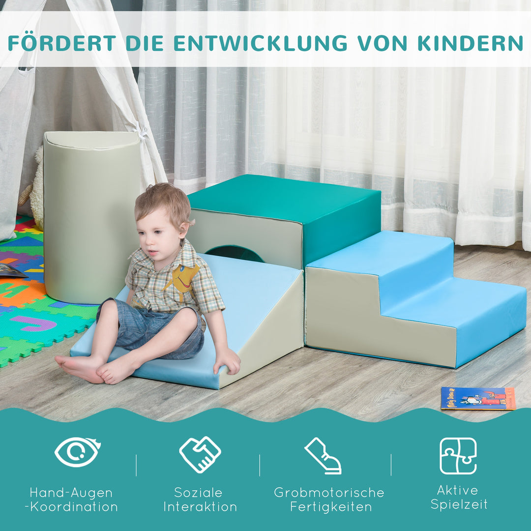 Byggeklodssæt med 4 skumbyggeklodser, nem rengøring, bløde fyldskumklodser til 1-3 år gamle børn, epe lysegrå + blå + grøn, 150 x 50 x 39 cm