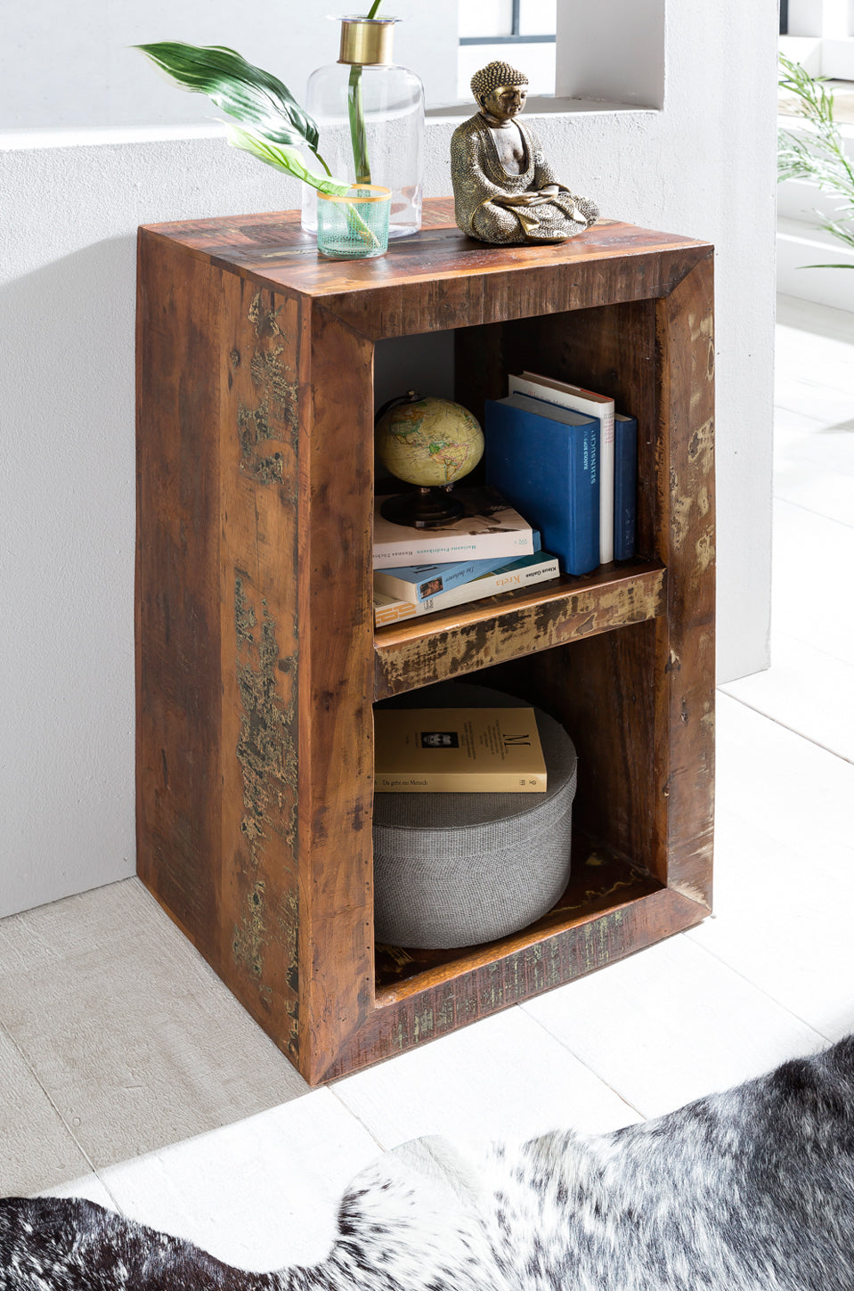 Calcutta reol 45 x 35 x 90 cm, massiv træhylde med 2 niveauer, kubeformet sidebord til stuen, fritstående hylde i shabby chic-stil