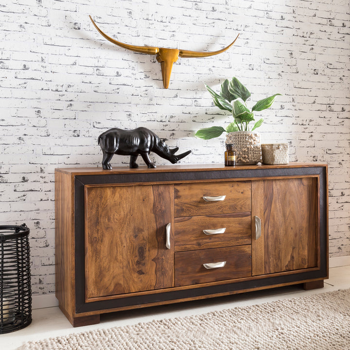 Designer skænk,  massivt træ med kunstlæder 160x44x80 cm