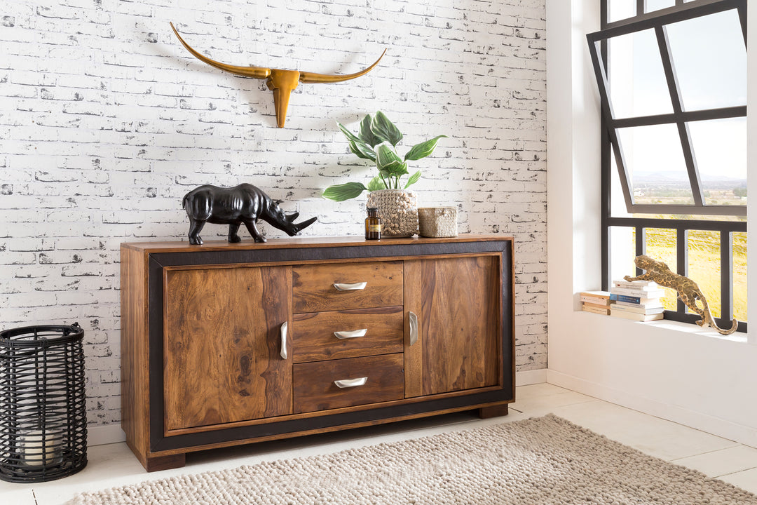 Designer skænk,  massivt træ med kunstlæder 160x44x80 cm