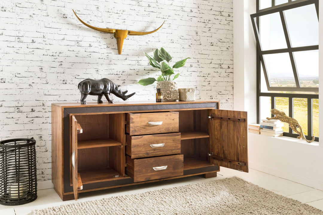 Designer skænk,  massivt træ med kunstlæder 160x44x80 cm