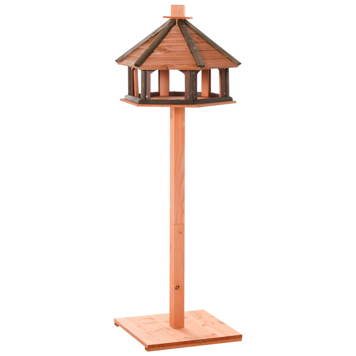 Fuglehus med stativ, vejrbestandig fuglefoderautomat med vejrbestandigt tag, træfuglefoderautomat til vilde fugle, ø52 x 130h cm, naturlig
