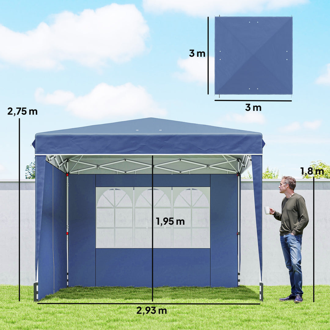 3 x 3 m vandtæt, højdejusterbar pop-up-foldepavillon med 2 sidepaneler, UV 50+, foldbar, mørkeblå