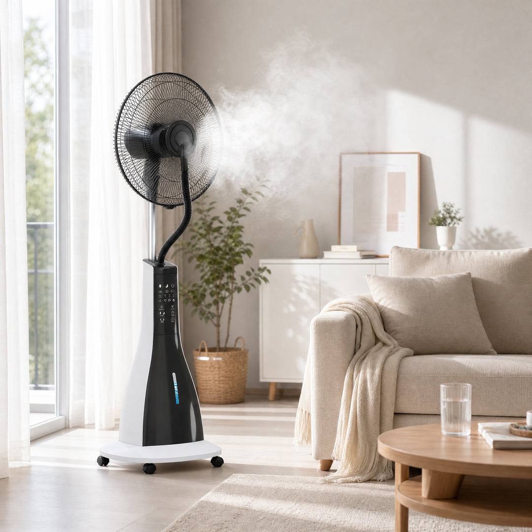 Ventilator med dugfunktion, 75 grader roterbar, 3 hastigheder, 3 tilstande, 3-liters vandtank, sort og hvid