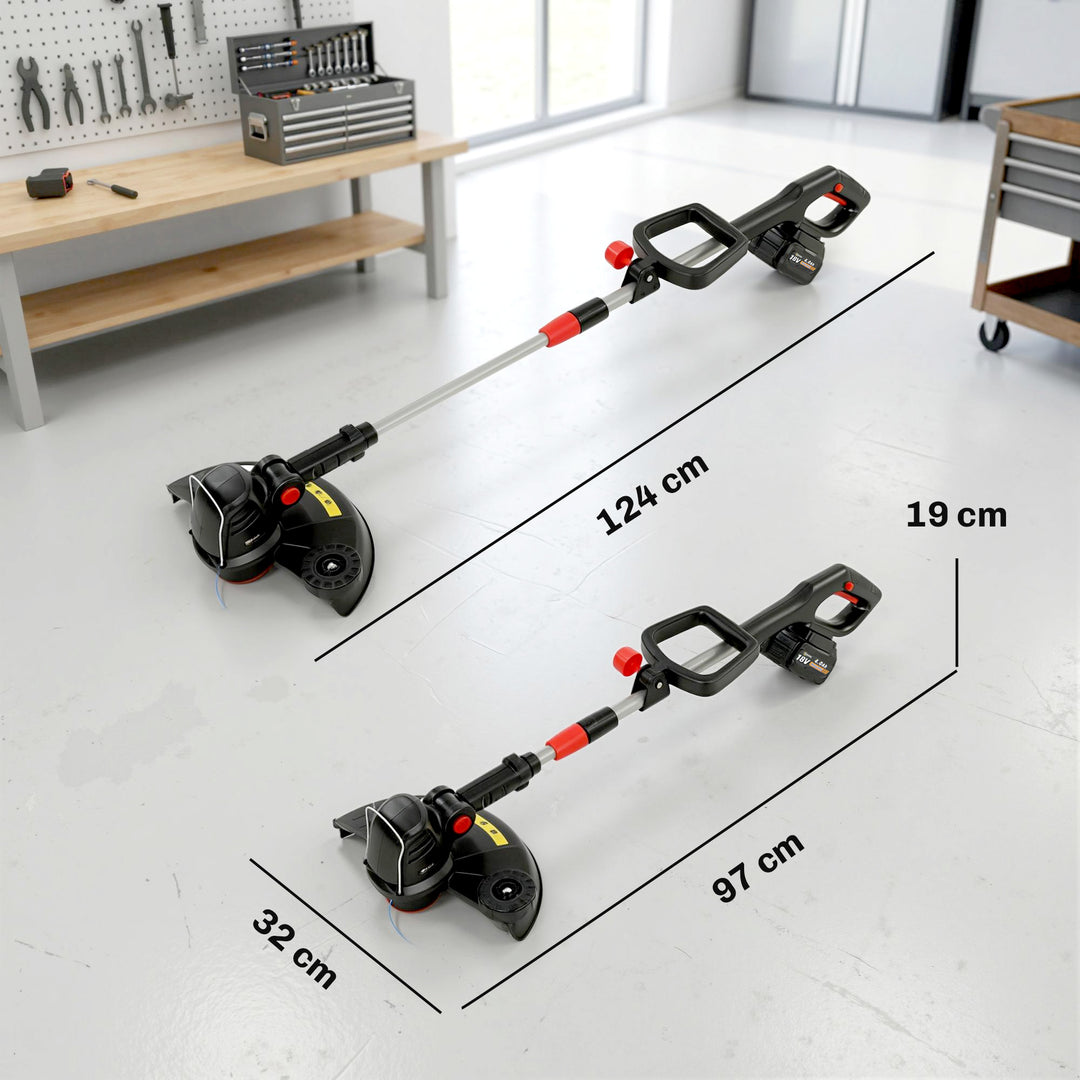 Batteridrevet plænetrimmer/buskrydder med 30 cm klippebredde, justerbart håndtag, vipbart motorhoved til have og gårdsplads, sølv