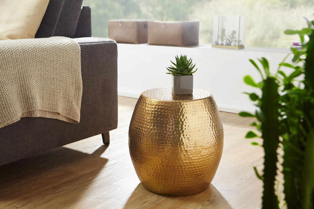 Sidebord 42 x 42 x 42 cm, aluminium, guld, dekorativt bord, orientalsk, rundt, designer sidebord, metal, moderne, smalt, lille hamret sidebord