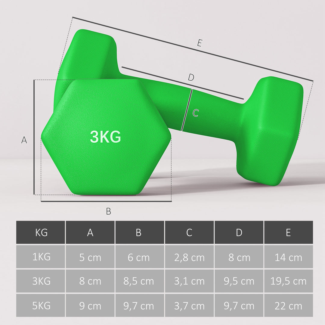 Håndvægtsæt med opbevaringsstativ, sæt med 6 håndvægte til fitnesstræning, 2 x 1 kg, 2 x 3 kg, 2 x 5 kg