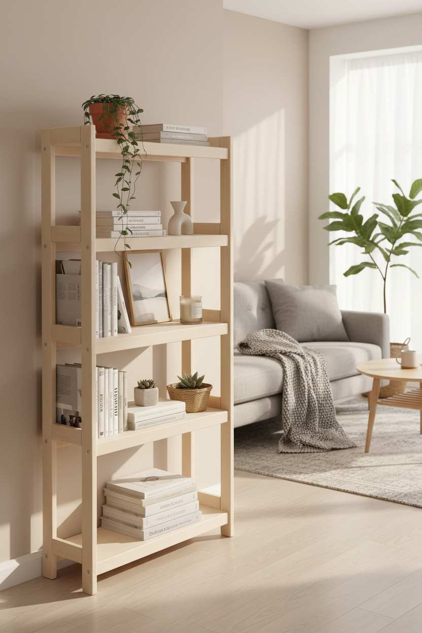 Bogreol i bøgetræ, 5 hylder,, 136x60x25 cm