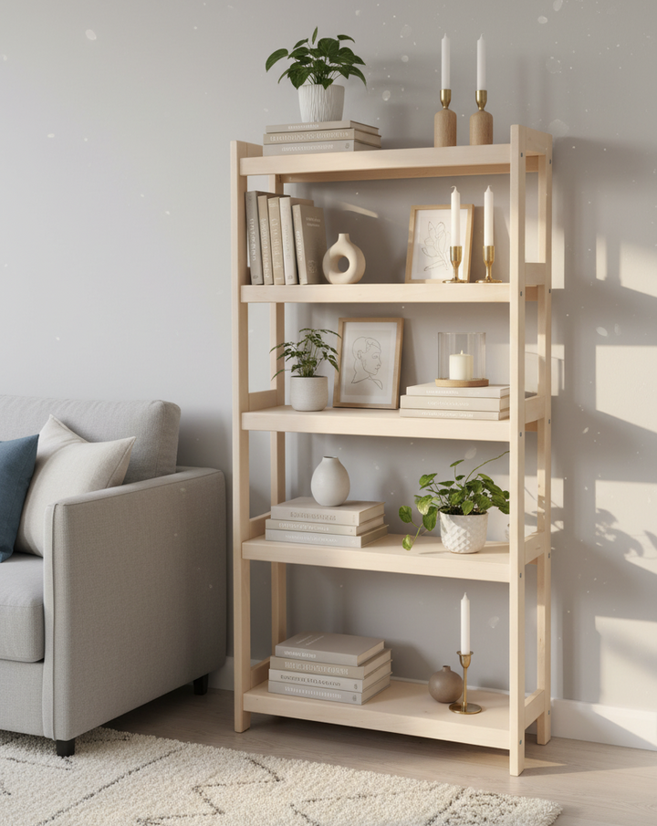 Bogreol i bøgetræ, 5 hylder,, 136x60x25 cm
