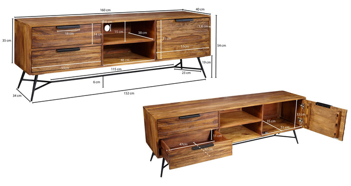 NISHAN lavskab 160x54x40 cm, massivt sheeshamtræ, designer hi-fi-skab med opbevaring og skuffer, massivt træ TV-skab til stue, industrielt TV-bord med metalben