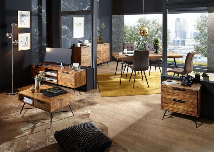 NISHAN lavskab 160x54x40 cm, massivt sheeshamtræ, designer hi-fi-skab med opbevaring og skuffer, massivt træ TV-skab til stue, industrielt TV-bord med metalben