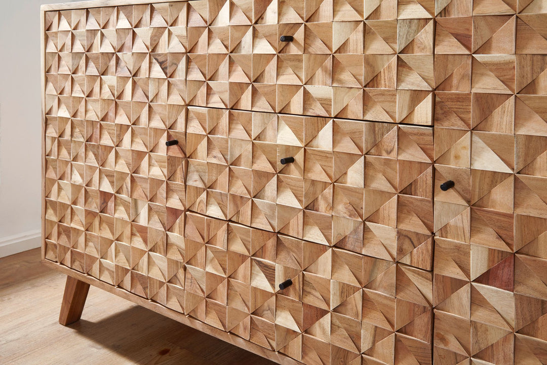 REWA skænk, 140x78,5x40 cm, massivt akacietræ, brun, landstil, kommode med 3 skuffer og 2 døre, entreskab, massivt træ, massiv trækommode, entrekommode