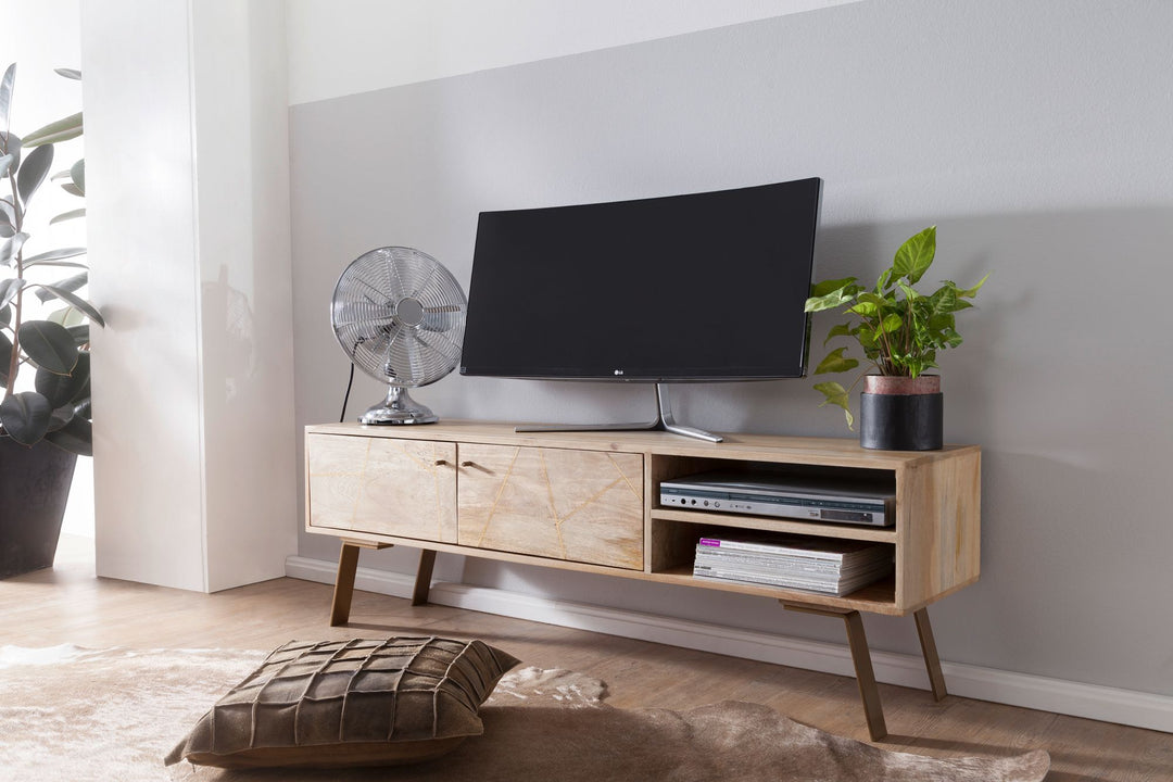 HiFi lavbord SIKAR Mango massivt træ landlig stil TV-skab 145x47x35cm, TV-bord med 2 døre, TV-bord med opbevaringsrum, TV-skab, TV-møbel, TV-bord til stue