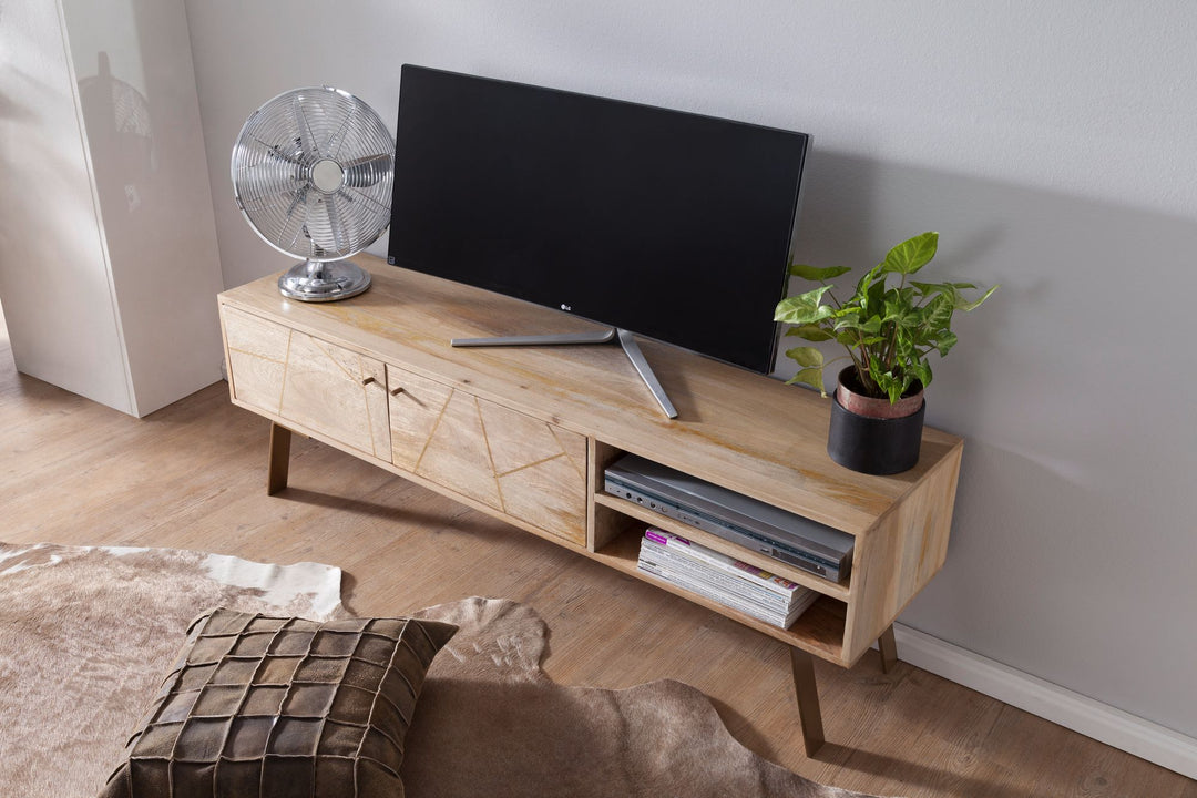 HiFi lavbord SIKAR Mango massivt træ landlig stil TV-skab 145x47x35cm, TV-bord med 2 døre, TV-bord med opbevaringsrum, TV-skab, TV-møbel, TV-bord til stue