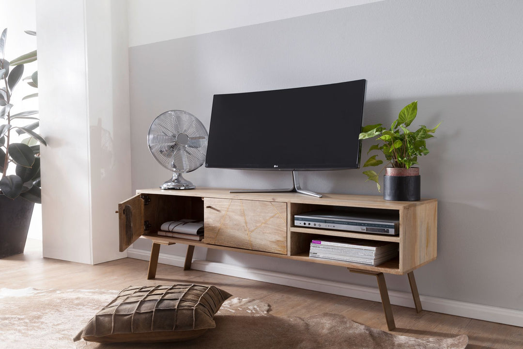 HiFi lavbord SIKAR Mango massivt træ landlig stil TV-skab 145x47x35cm, TV-bord med 2 døre, TV-bord med opbevaringsrum, TV-skab, TV-møbel, TV-bord til stue