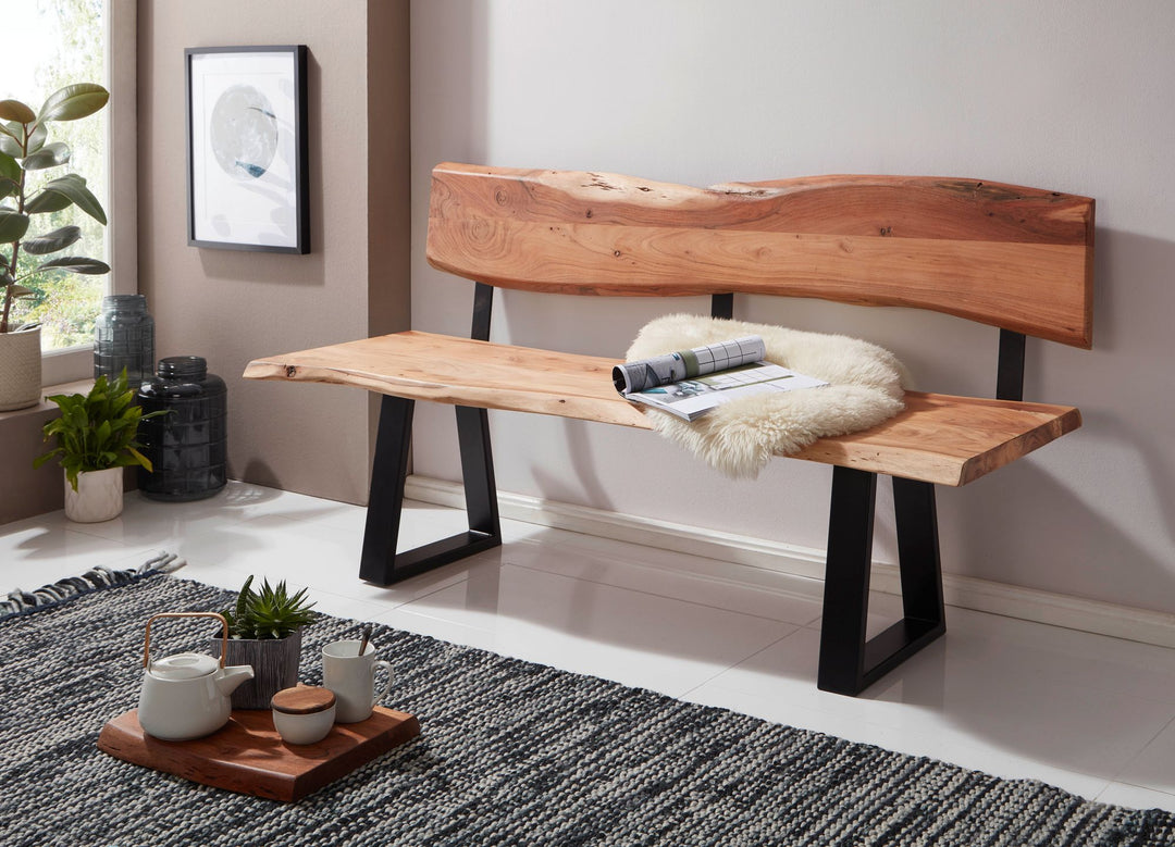 Spisebænk GAYA 180x85,5x60 cm, massiv akacietræsbænk med levende kant, træbænk med ryglæn, køkkenbænk, spisebænk, landlig træstil, køkkenbænk med træstamme, 4-personers, massivt træ