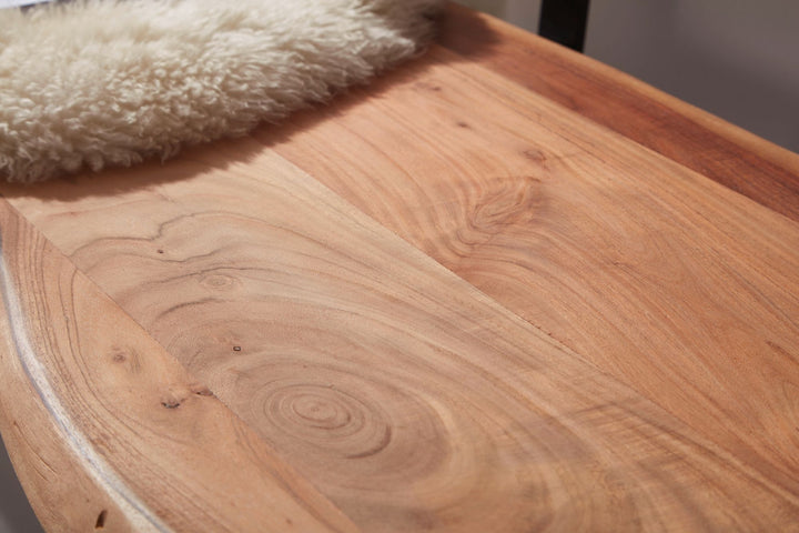 Spisebænk GAYA 180x85,5x60 cm, massiv akacietræsbænk med levende kant, træbænk med ryglæn, køkkenbænk, spisebænk, landlig træstil, køkkenbænk med træstamme, 4-personers, massivt træ