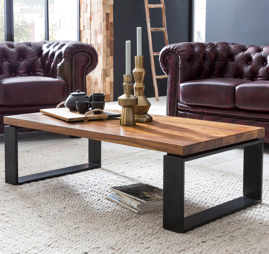 Sofabord WL5.650 Sheesham 115x35x60 cm Massivt træ sofabord med metalstel, rektangulært stuebord, massivt træ, brunt, moderne træbord, stuebord