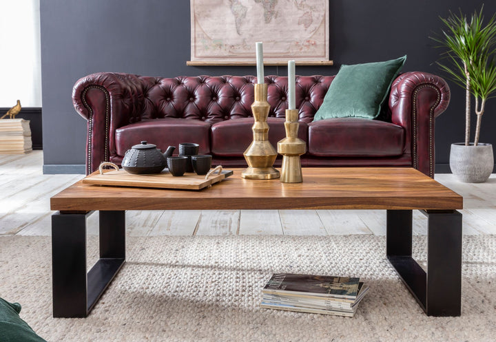 Sofabord WL5.650 Sheesham 115x35x60 cm Massivt træ sofabord med metalstel, rektangulært stuebord, massivt træ, brunt, moderne træbord, stuebord