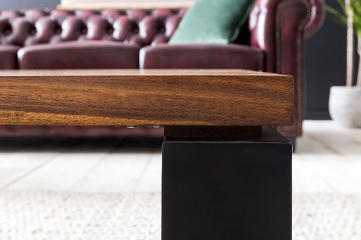 Sofabord WL5.650 Sheesham 115x35x60 cm Massivt træ sofabord med metalstel, rektangulært stuebord, massivt træ, brunt, moderne træbord, stuebord