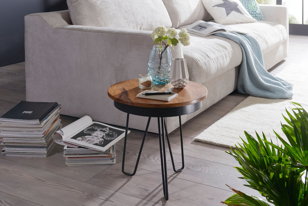 Sidebord 43x45x43 cm sofabord i sheeshamtræ, sofabord i industriel stil i massivt træ, træbord i metalben