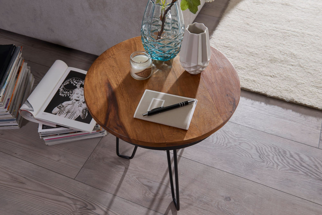 Sidebord 43x45x43 cm sofabord i sheeshamtræ, sofabord i industriel stil i massivt træ, træbord i metalben