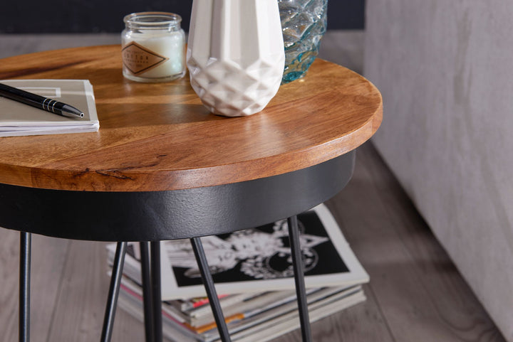 Sidebord 43x45x43 cm sofabord i sheeshamtræ, sofabord i industriel stil i massivt træ, træbord i metalben