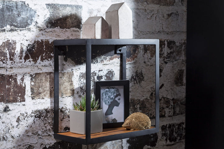 PURI væghylde 35x18x35 cm, massivt sheeshamtræ, hængende bogreol, metalhylde med hylde i ægte træ, lille firkantet træhylde, dekorativ kubehylde, industriel vægdekoration