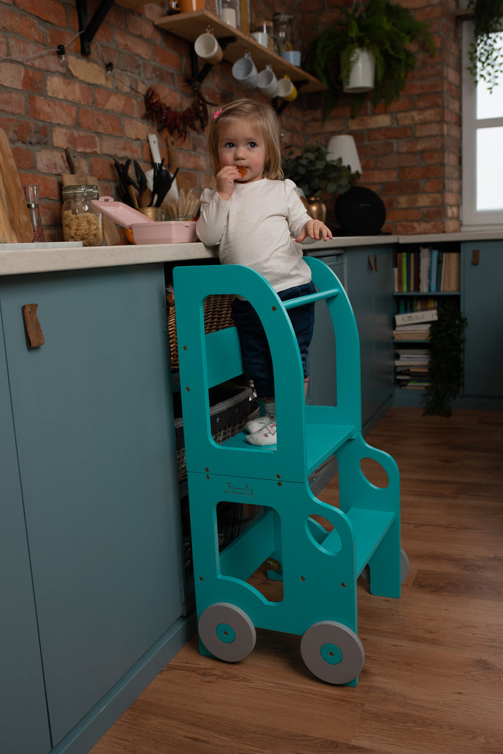 Køkkentrappe / montessori-læringstårn: bord, stol og trappe i ét til barn, blå