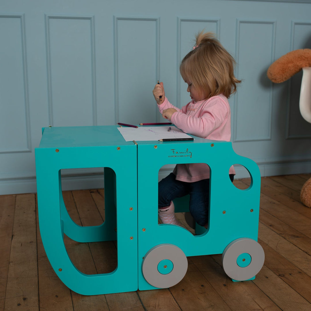 Køkkentrappe / montessori-læringstårn: bord, stol og trappe i ét til barn, blå