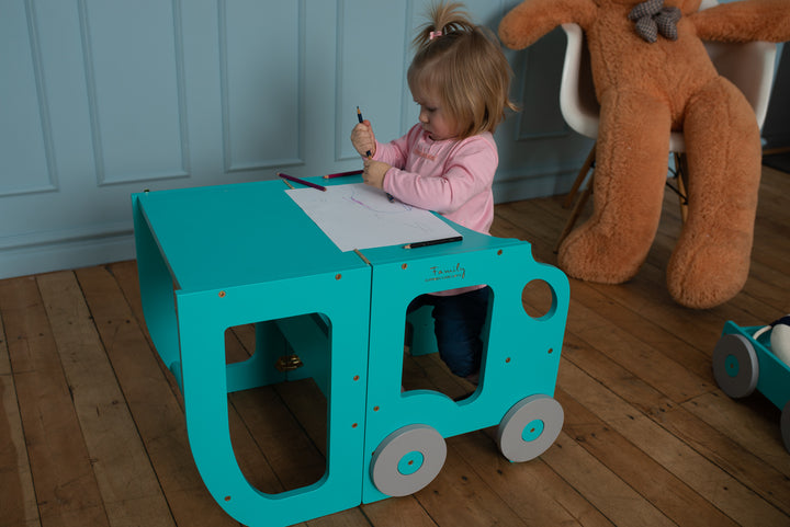 Køkkentrappe / montessori-læringstårn: bord, stol og trappe i ét til barn, blå