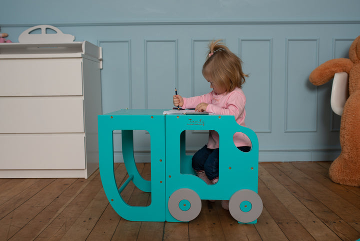 Køkkentrappe / montessori-læringstårn: bord, stol og trappe i ét til barn, blå