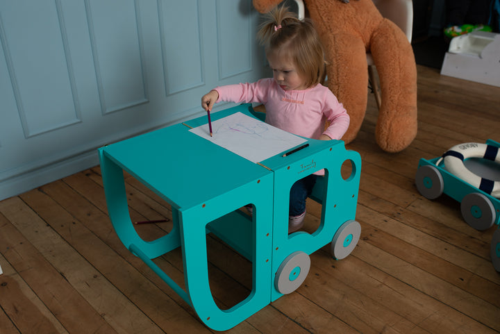 Køkkentrappe / montessori-læringstårn: bord, stol og trappe i ét til barn, blå