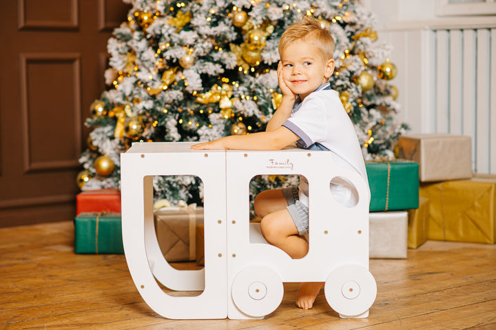 Køkkentrappe / montessori-læringstårn: bord, stol og trappe i ét til barn, hvid
