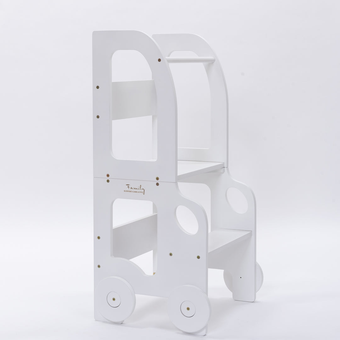 Køkkentrappe / montessori-læringstårn: bord, stol og trappe i ét til barn, hvid