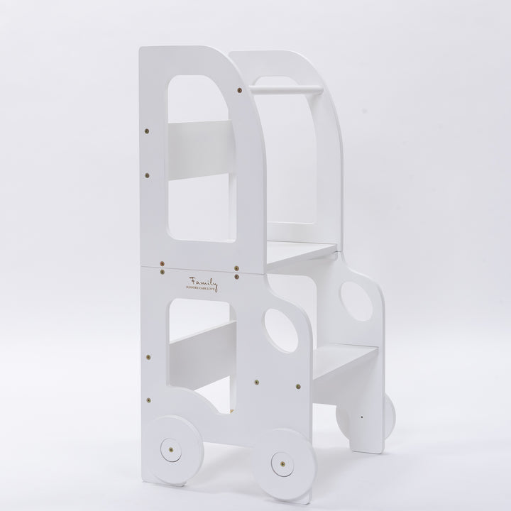 Køkkentrappe / montessori-læringstårn: bord, stol og trappe i ét til barn, hvid